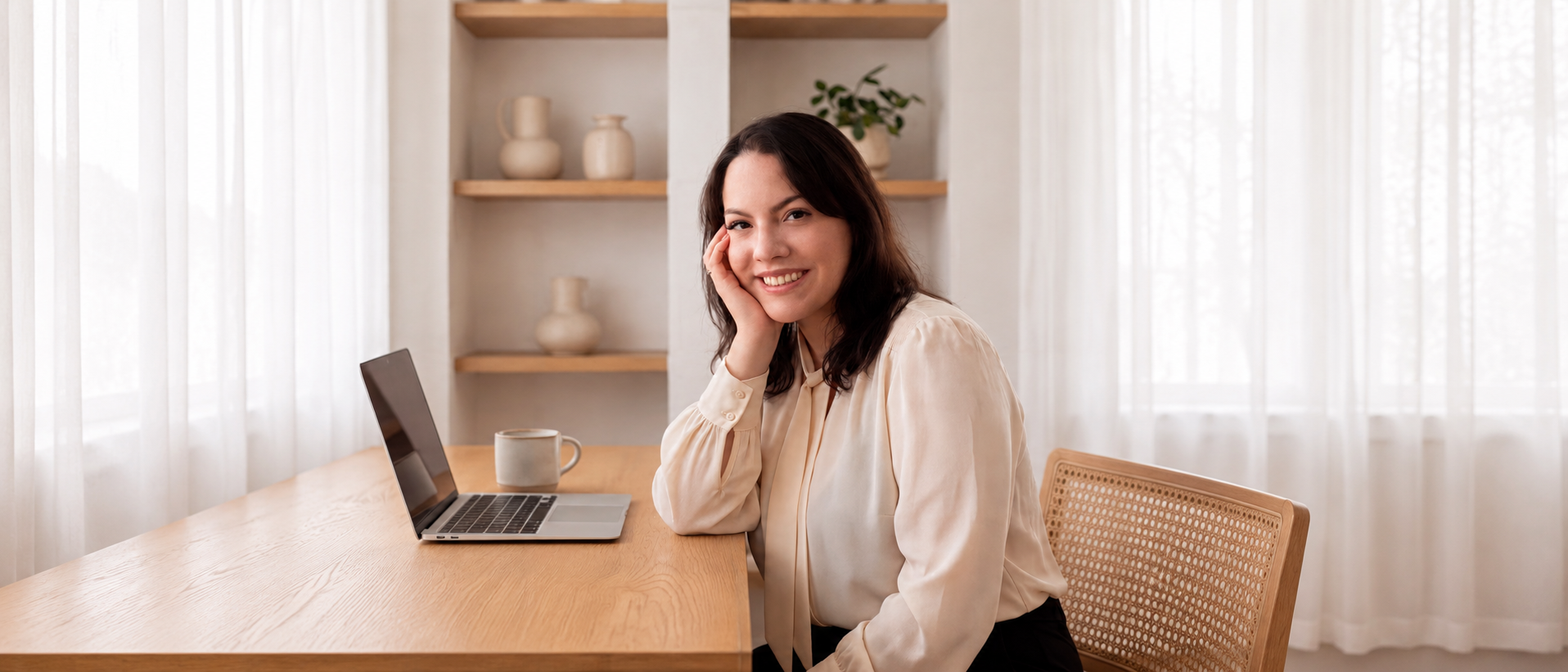 Luiza Antunes em atendimento online, sentada à mesa de trabalho